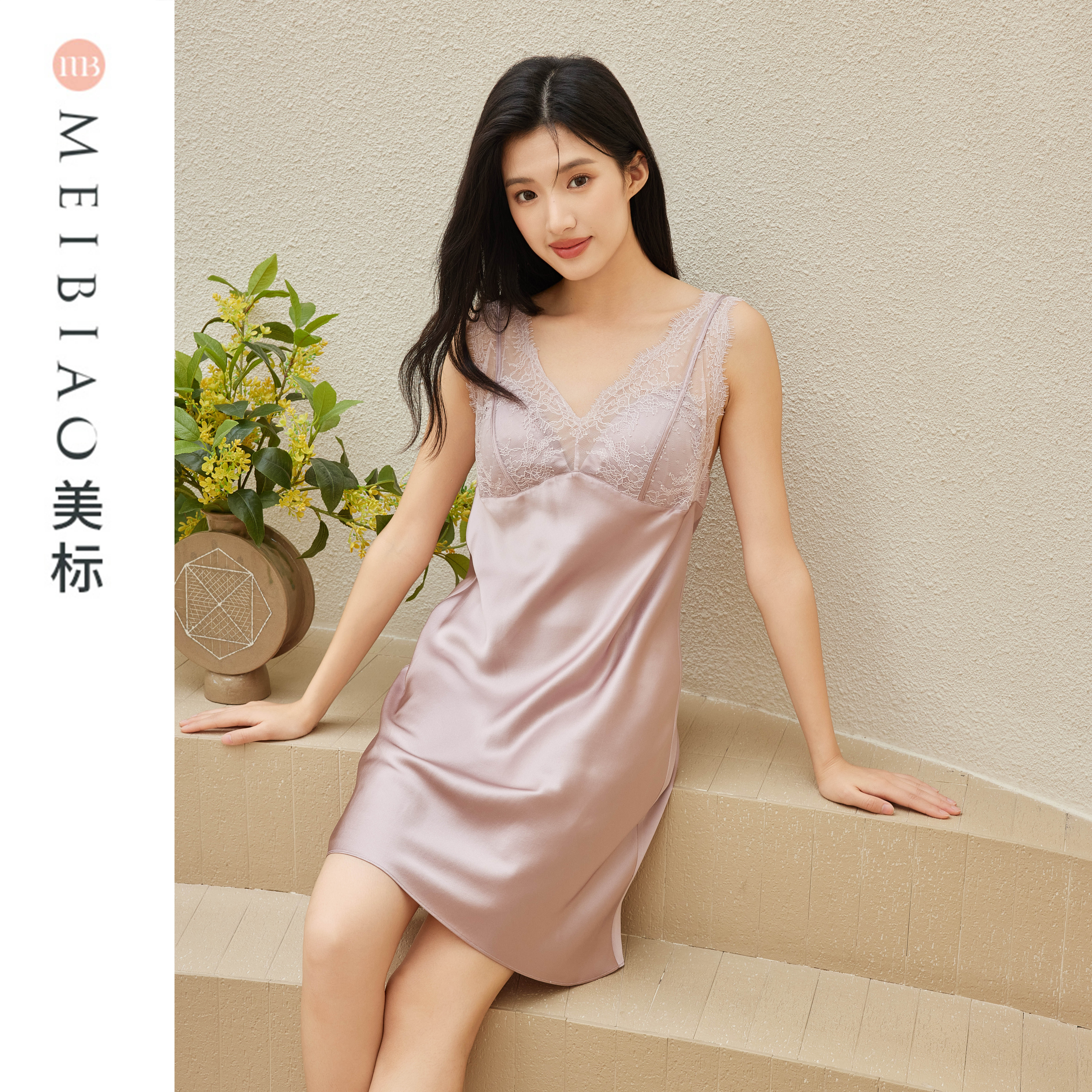 美标夏季19姆米桑蚕丝蕾丝性感无袖真丝吊带睡裙丝绸家居服100003