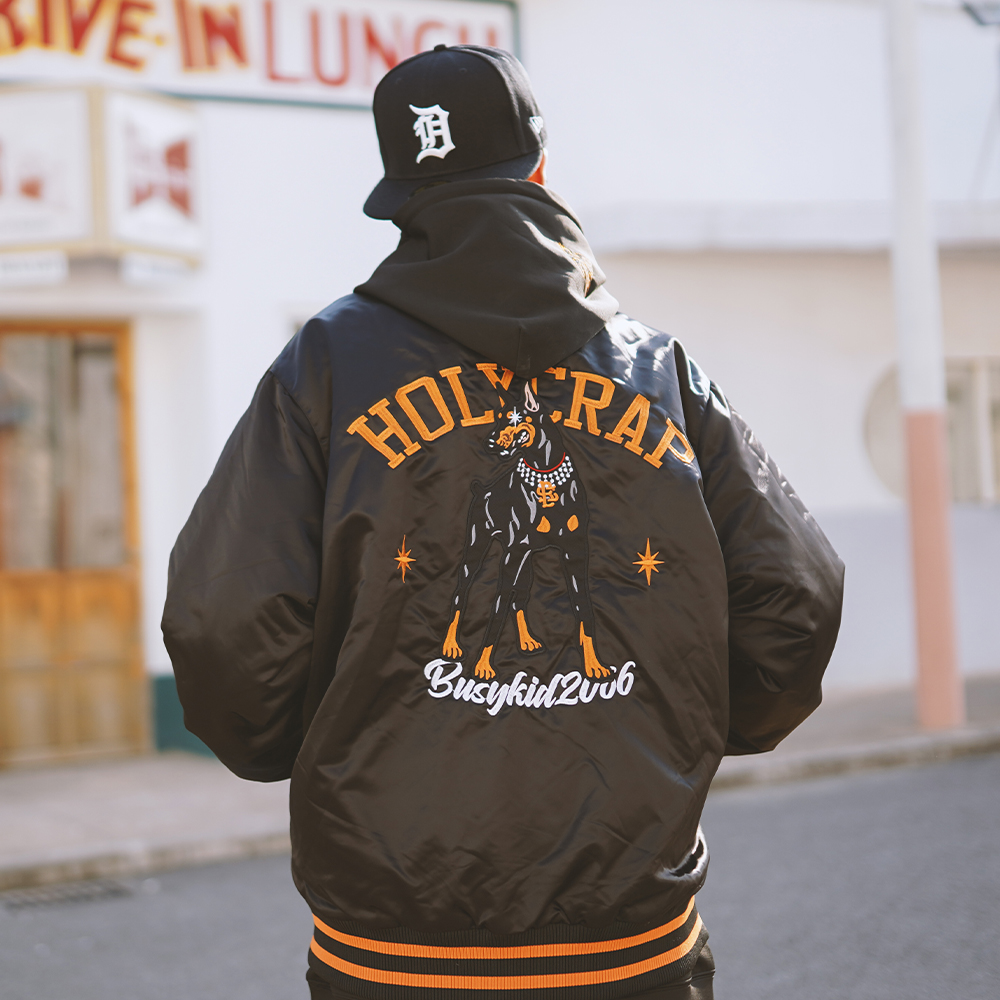 Holycrap秋冬嘻哈夹克上衣杜宾犬刺绣hiphop街舞美式棒球外套男潮