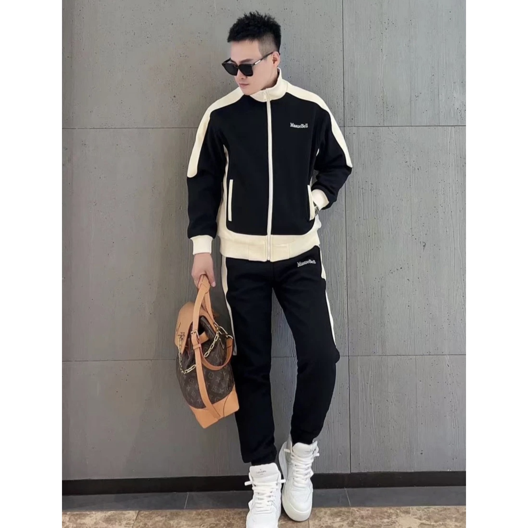 秋冬新款加绒男士休闲套装立领夹克刺绣潮流百搭韩版宽松时尚外套