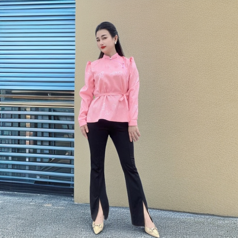 蒙古长袖衬衫显瘦秋季收腰