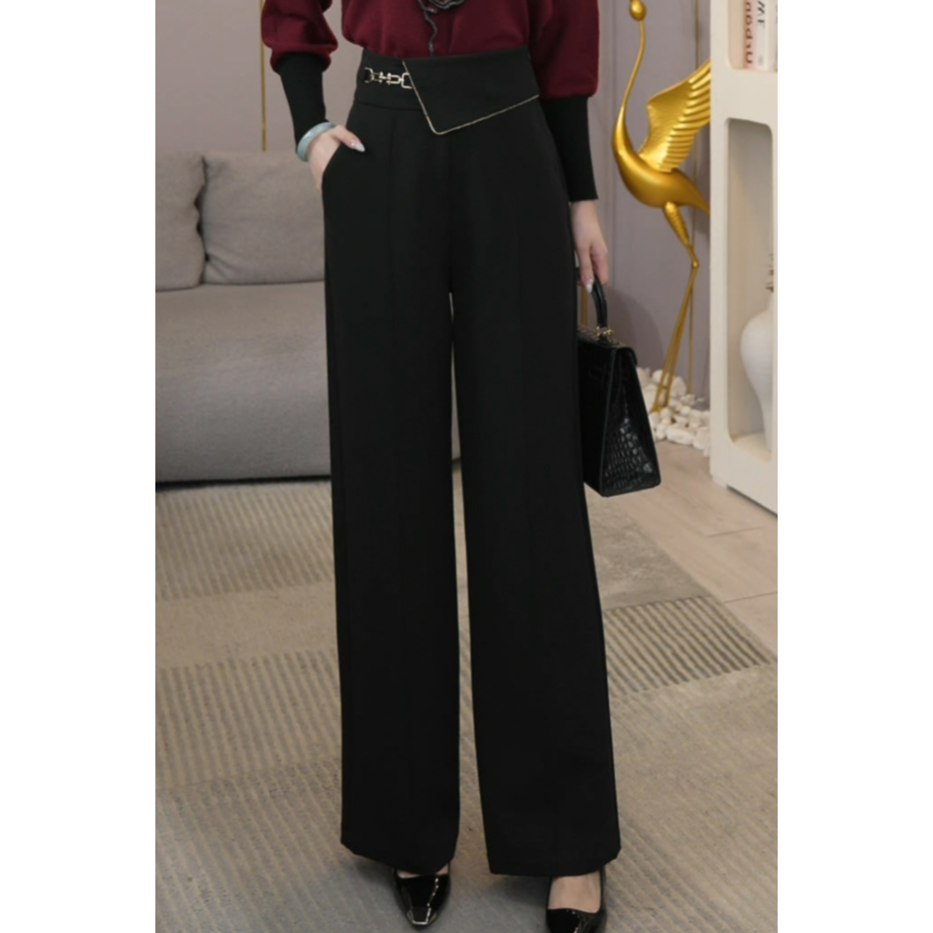 唐熹2025新款【DD-6222】高腰遮肉显瘦黑色简约直筒阔腿长裤子