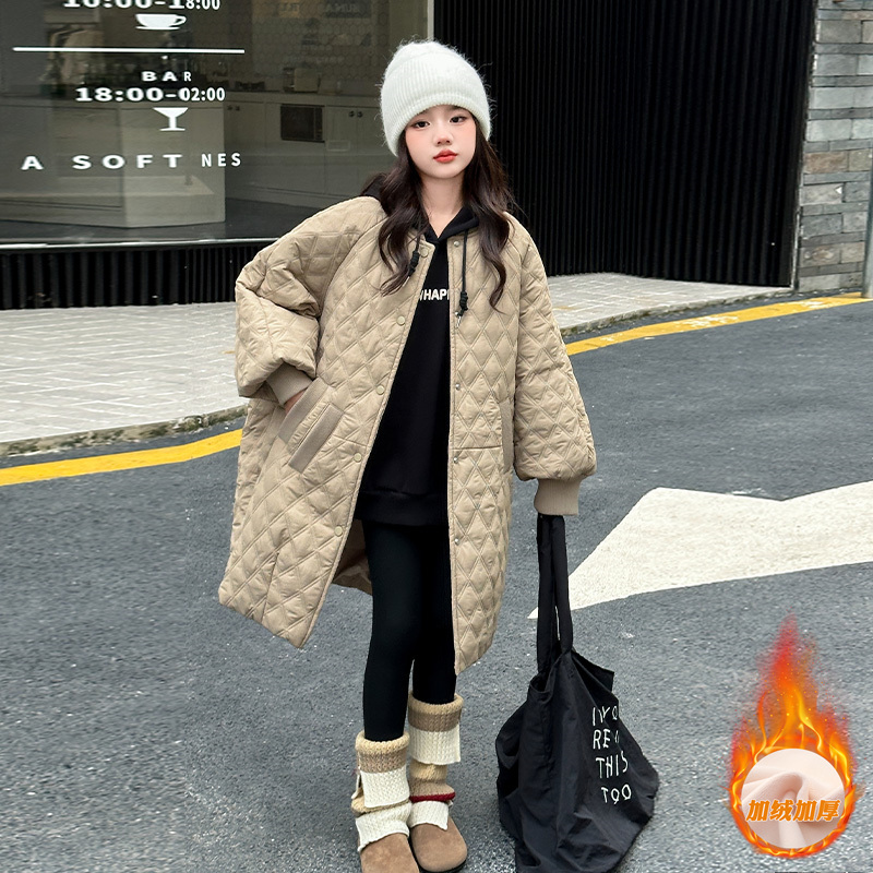 12岁女童秋冬外套2025新款女大童夹棉加厚中长款儿童冬季保暖棉服