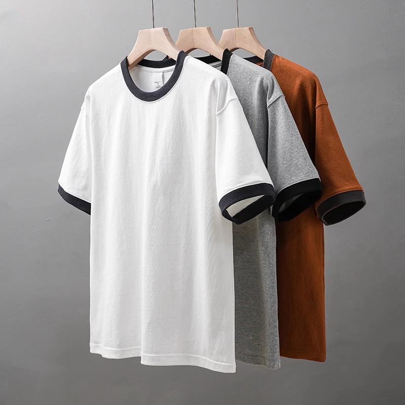 320g美式复古短袖阿美咔叽纯棉撞色拼接半袖百搭宽松ins休闲T恤男