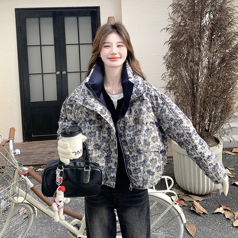 韩版复古玫瑰提花短款羽绒服女2025年冬季新款显瘦加厚白鸭绒外套