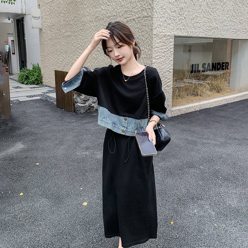 韩版复古设计感黑色假两件长裙女2025秋季新款休闲时尚宽松卫衣裙