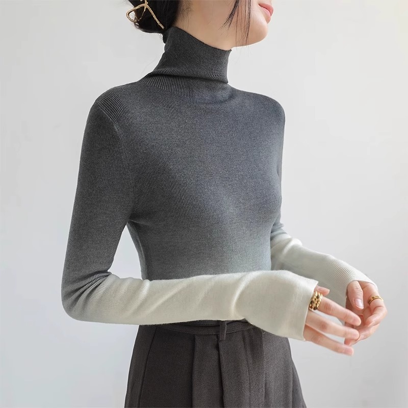 高级感渐变色高领内搭套头针织衫上衣女士修身时髦长袖打底衫毛衣