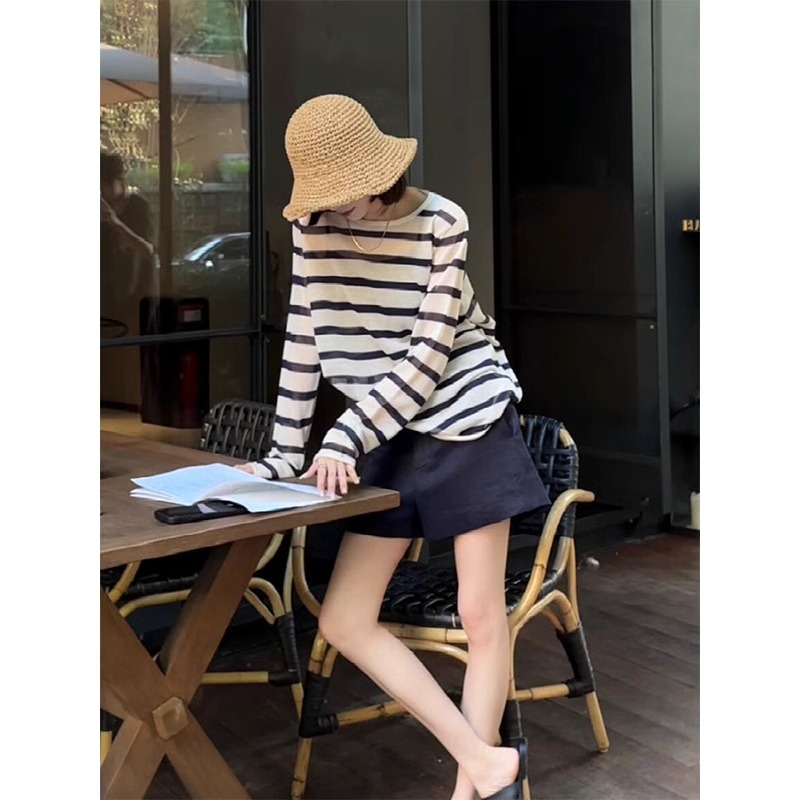 法式黑白条纹长袖防晒空调衫女夏季吊带外搭慵懒风罩衫针织上衣薄