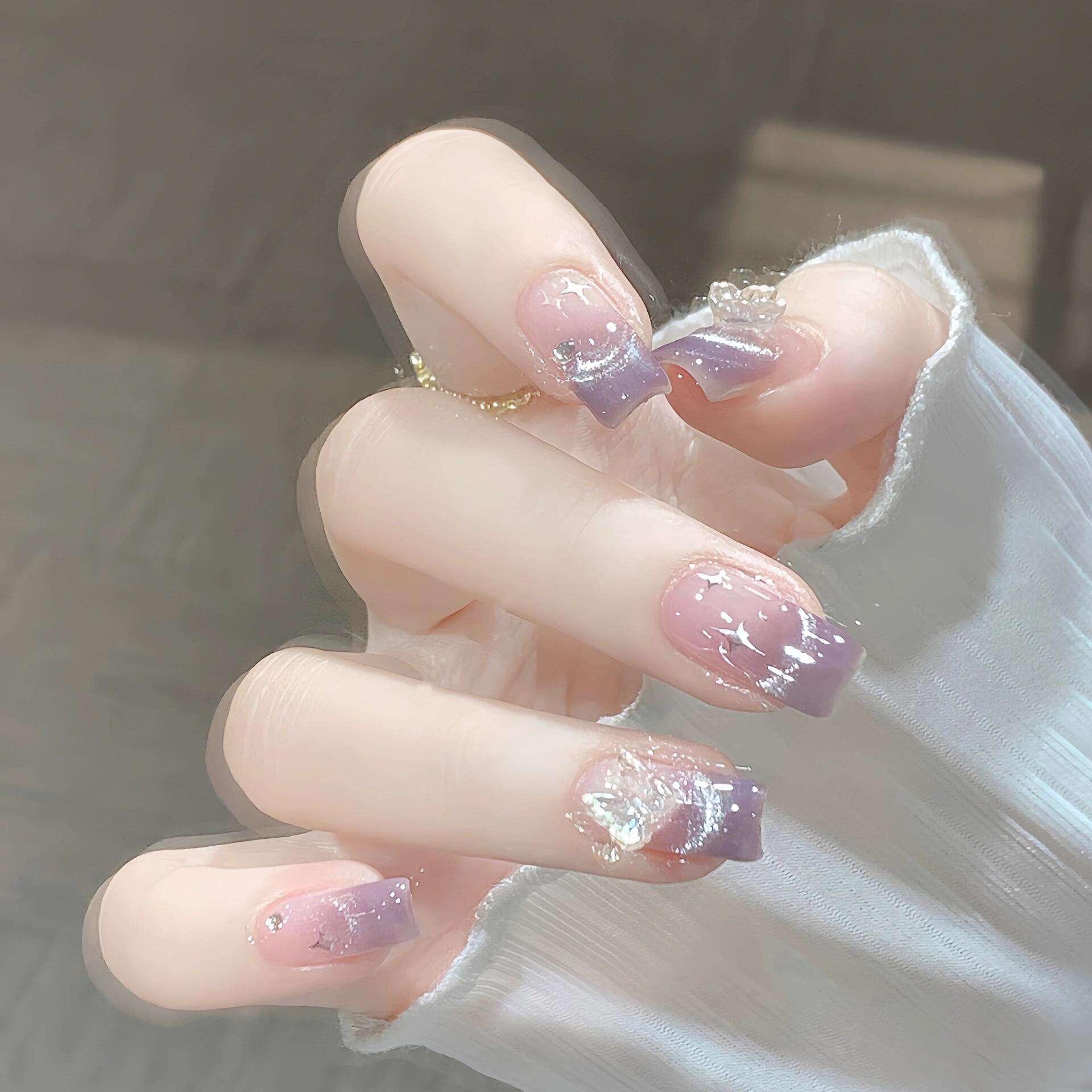 【清风蝶韵】纯手工气质渐变紫色温柔冰透穿戴式爆闪美甲梯形指甲贴