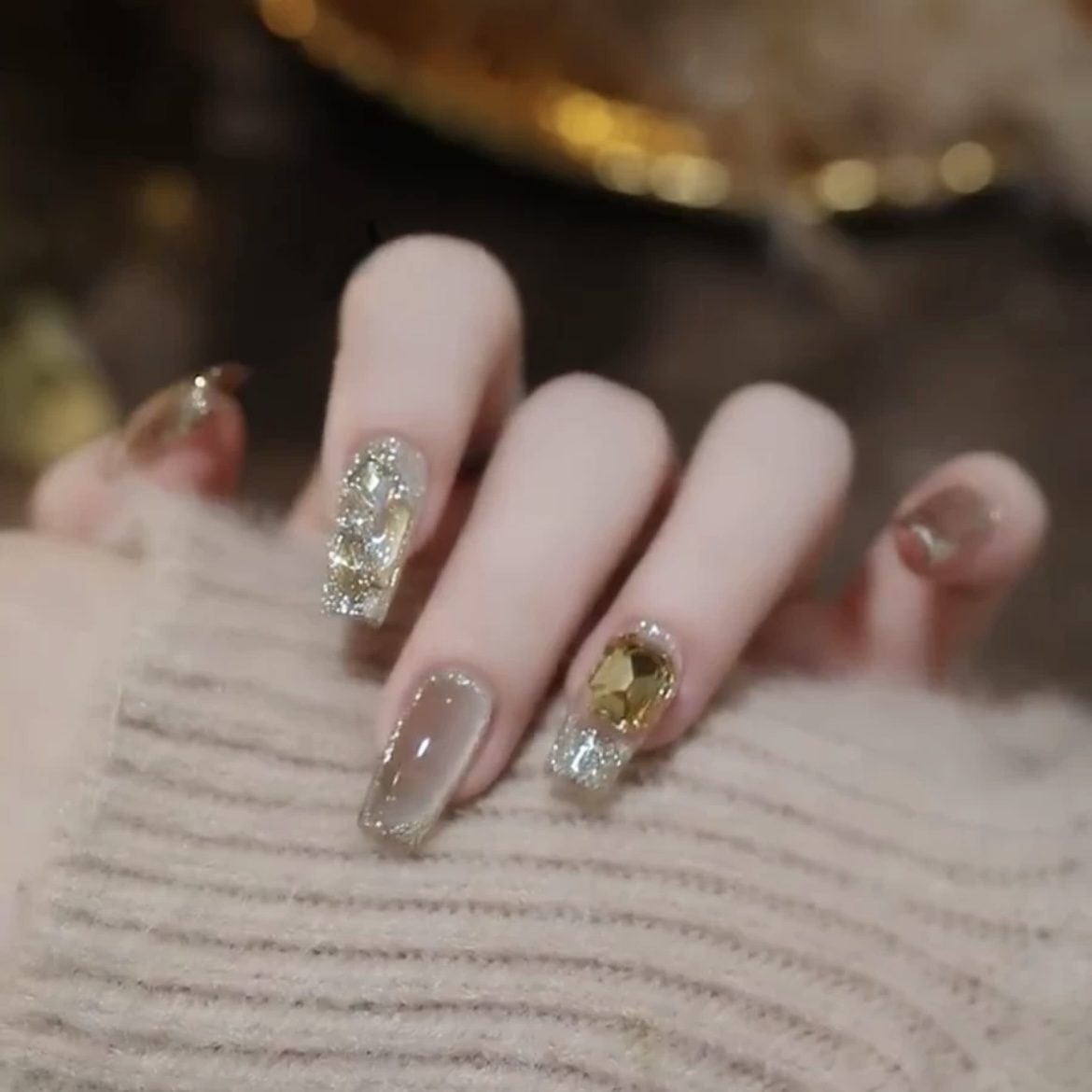 【江南姑娘】纯手工气质裸色夏日冰透爆闪穿戴式指甲贴亚当穿戴甲