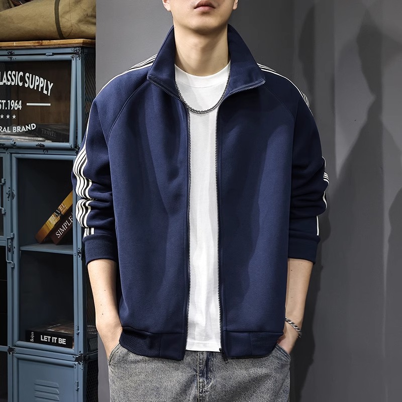 GTRT秋冬美式复古立领开衫卫衣男新款拉链夹克条纹运动休闲外套潮