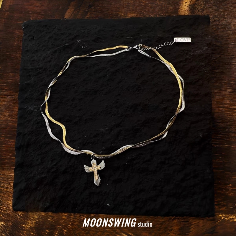 钛钢项链 天使之翼十字架双层链项链男精致不掉色锁骨链女ins轻奢