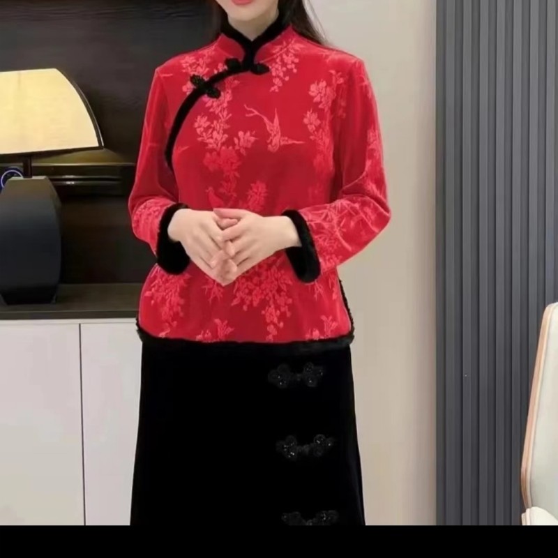 秋冬加绒加厚国风盘扣开叉小衫显瘦减龄女士长袖上衣中国风冬款