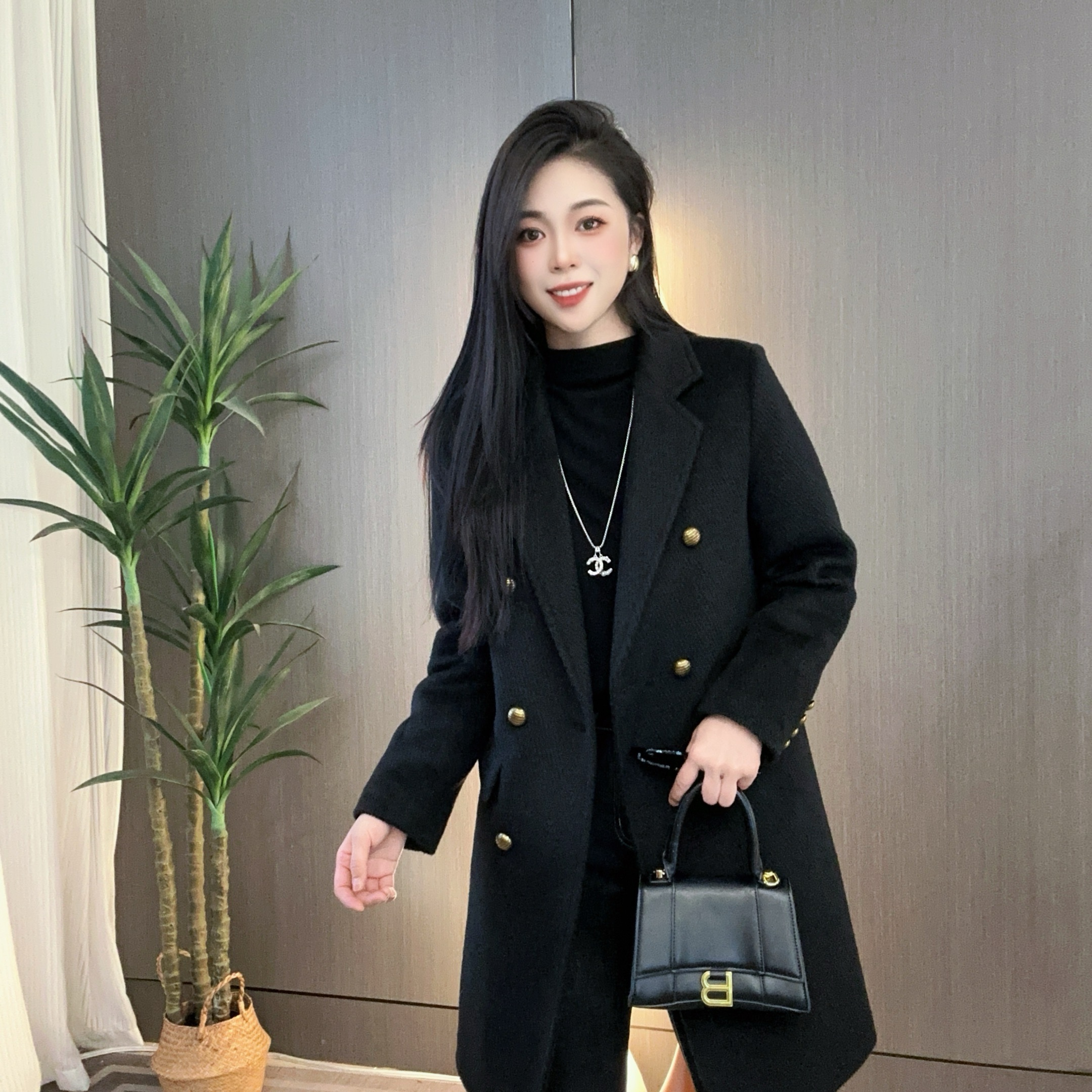 C.G 冬季女装新款中长款气质显瘦羽绒大衣女斜纹绵羊毛呢女外套