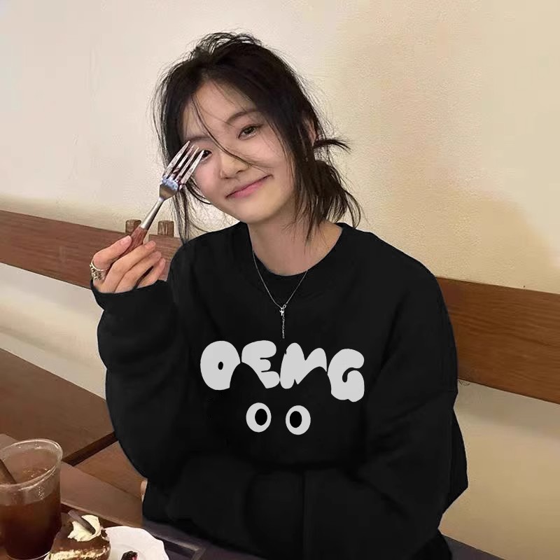 重磅秋冬加绒加厚卫衣女2025新款爆款银狐绒圆领无帽黑色美式宽松