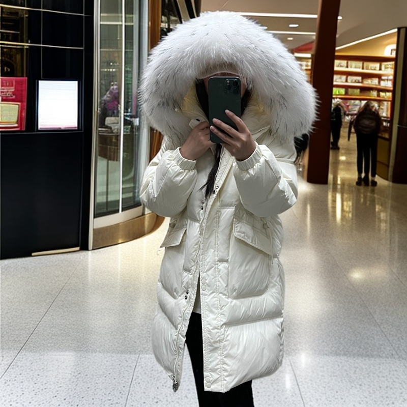 大毛领中长款羽绒服2025女士冬新款韩版宽松时尚连帽外套女