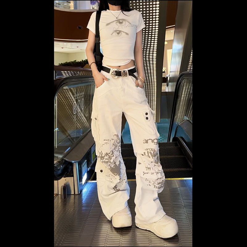 （清仓款）33328白色扎染显瘦2025春夏新款直筒白色工装阔腿牛仔裤