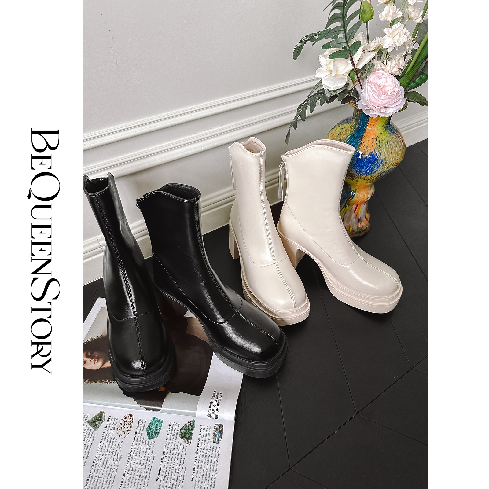 余潇潇轻奢时尚气质潮流百搭高筒圆头牛皮马丁靴粗跟增高鞋女