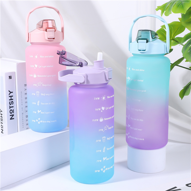 2000ml大容量运动水壶跨境提手水杯塑料水杯磨砂渐变色直饮吸管杯