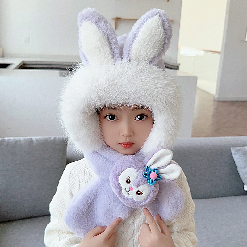 儿童帽子围巾毛绒套装冬季加厚男童两件套女宝宝防风护耳一体帽潮