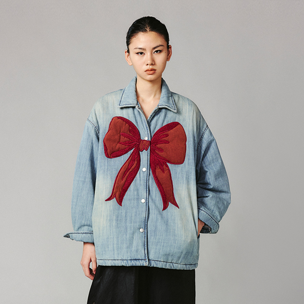 UOOYAA/乌丫冬季经典撞色蝴蝶结水洗牛仔棉服外套9180