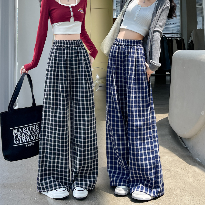 慵懒松弛感黑白格子裤子女春夏季2025新款高腰宽松休闲垂感阔腿裤