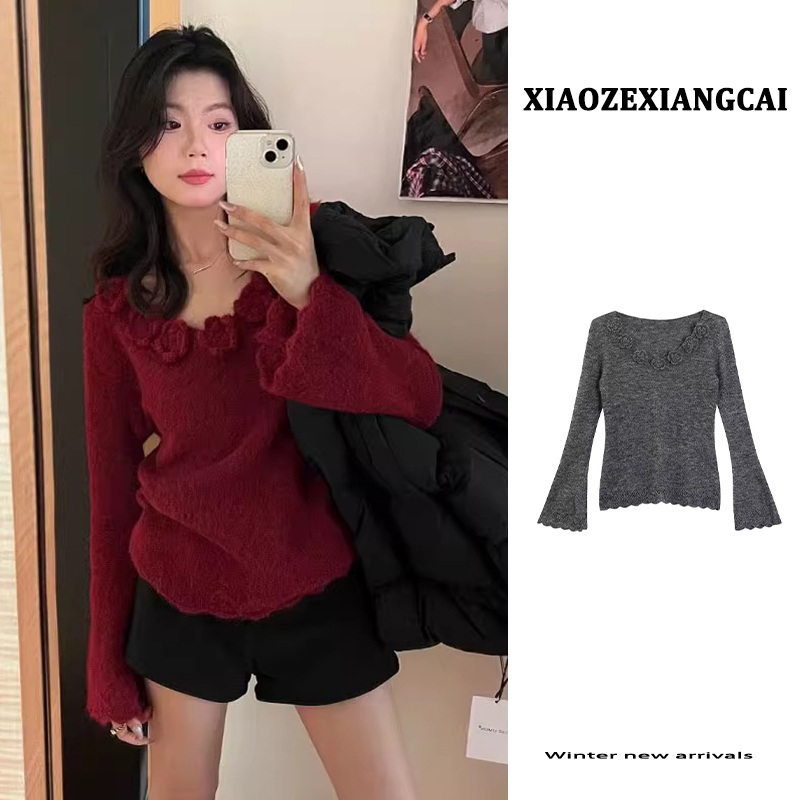 圣诞节穿搭红色V领立体花朵毛衣女秋冬季慵懒风超好看针织衫上衣