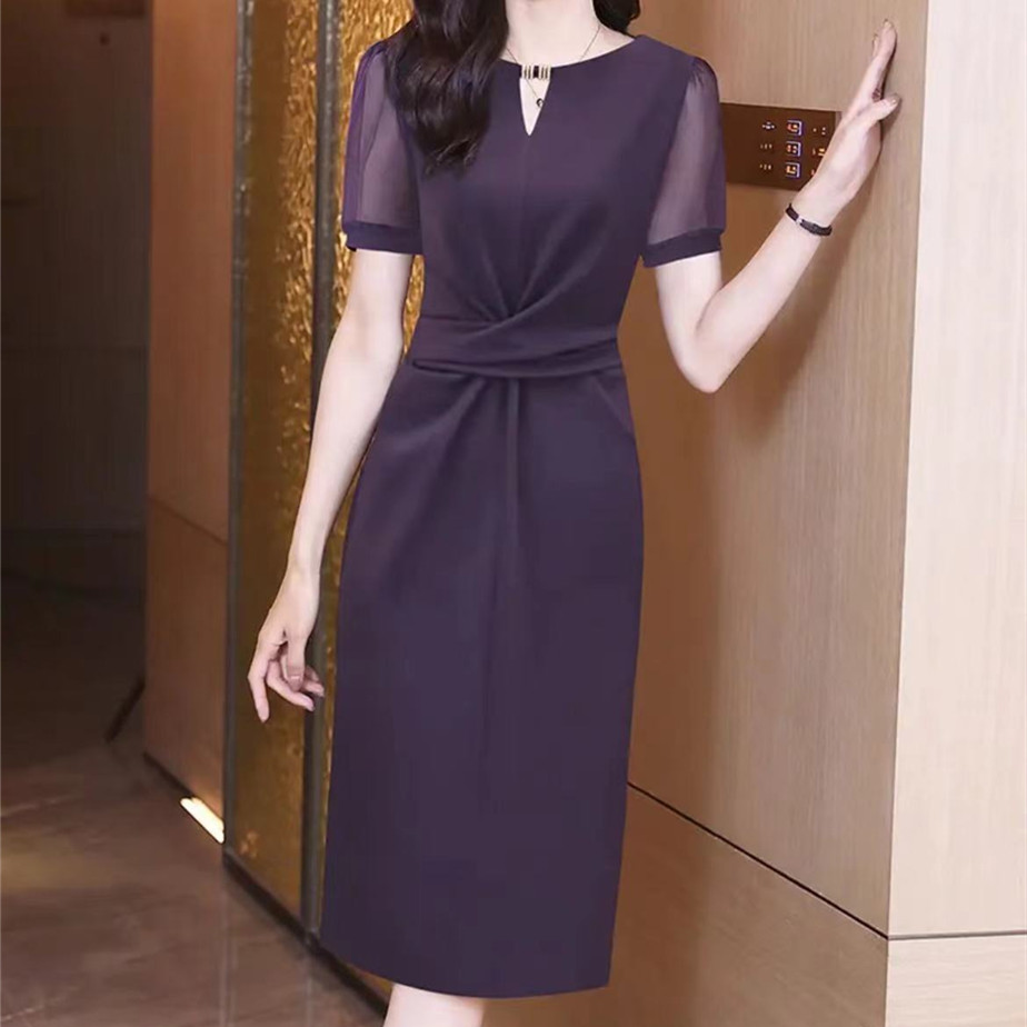 女装开叉连衣裙2025夏季新款修身气质收腰显瘦洋气中长款职业裙子