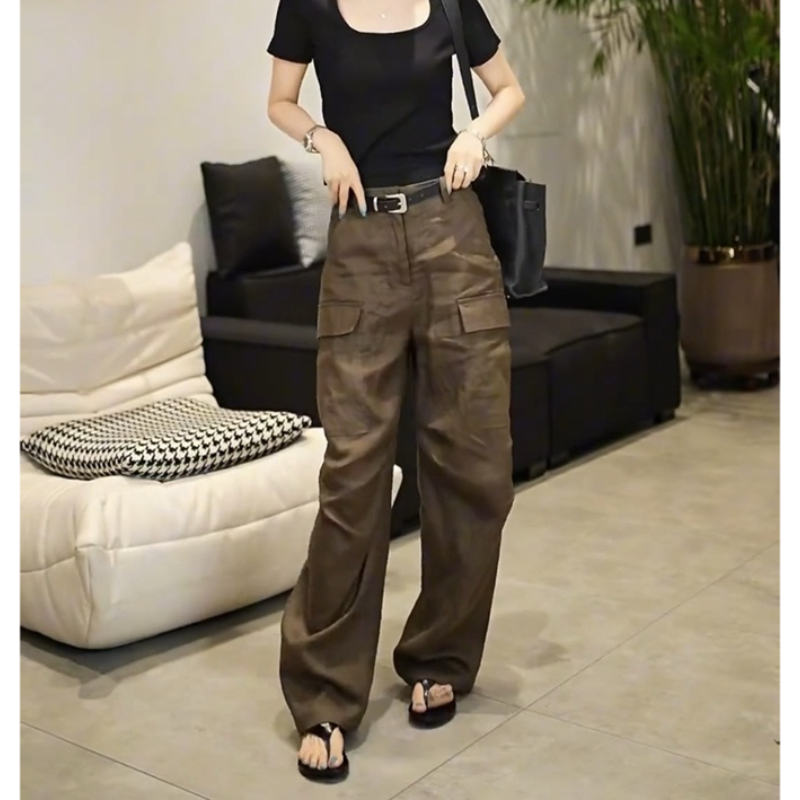 Aimeerosa/艾洛莎流浪丹宁工装休闲裤女夏季洋气时髦阔腿拖地裤子