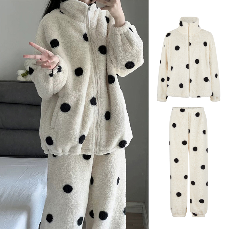 Moses Queen/魔西女王珊瑚绒波点居家服套装立领开衫休闲直筒裤