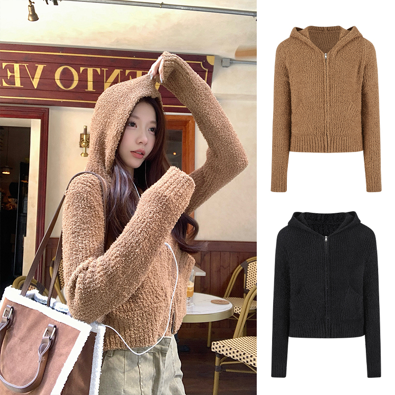 Moses Queen/魔西女王泰迪绒感慵懒毛衣连帽双拉链针织开衫外套