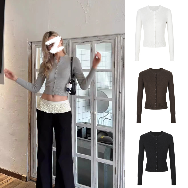 Moses Queen/魔西女王美式辣妹针织开衫女修身短款灰色长袖外套