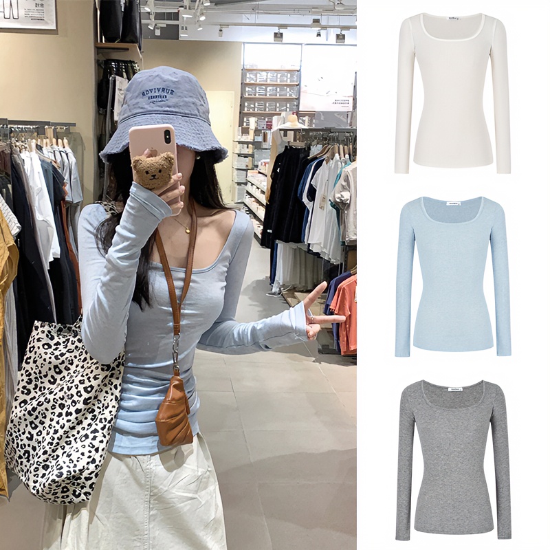 Moses Queen/魔西女王蓝色纯欲性感方领长袖T恤修身U领薄款打底衫