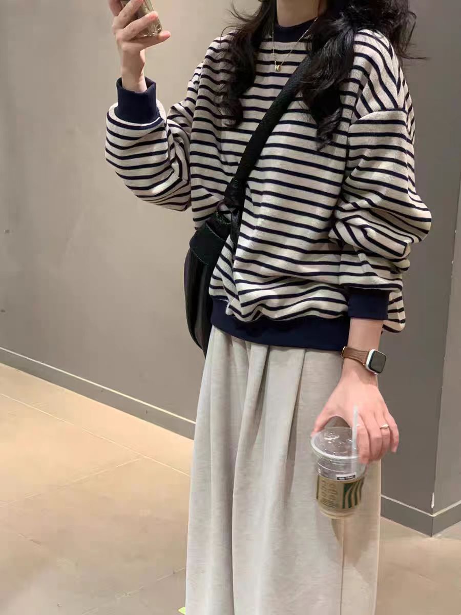 复古港味条纹卫衣女春秋季2025新款爆款宽松慵懒风外套潮9999