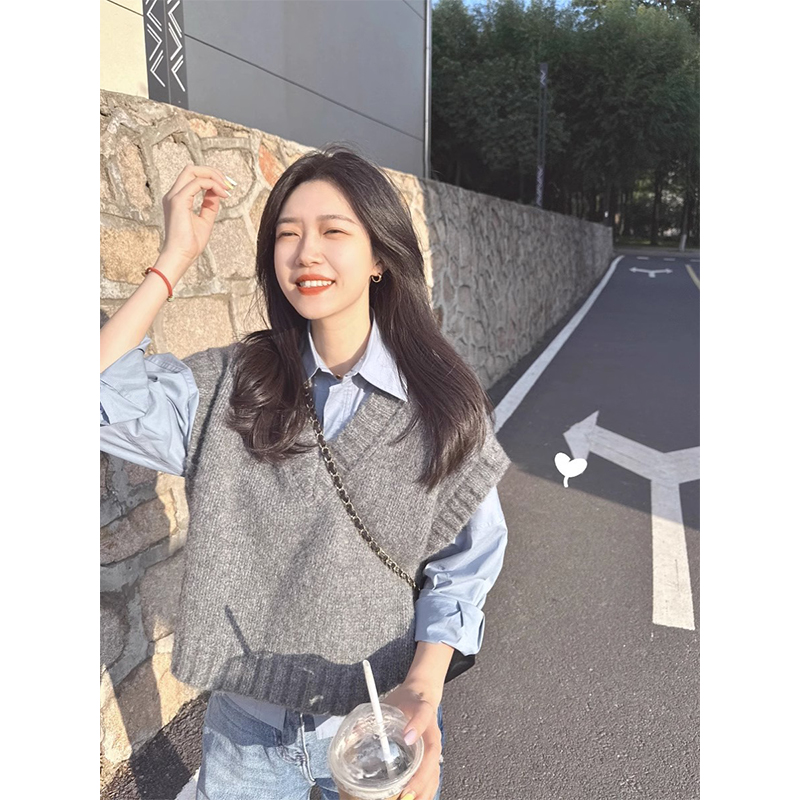 小香风灰色无袖背心针织马甲女春秋秋冬外搭毛衣叠穿衬衫坎肩马夹