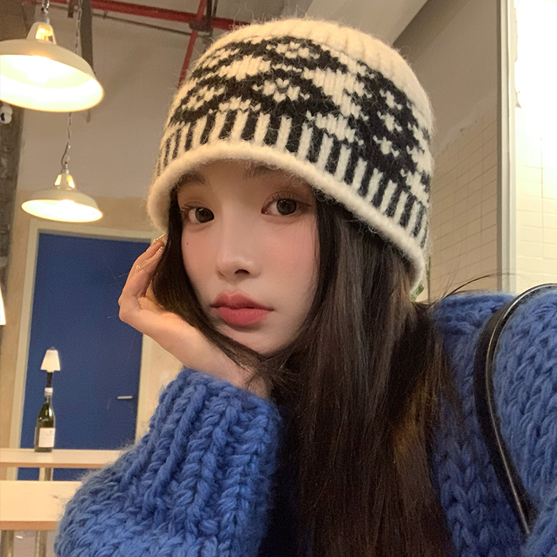 复古拼色菱形格韩系小众设计感针织帽子2024年冬季新款保暖渔夫帽