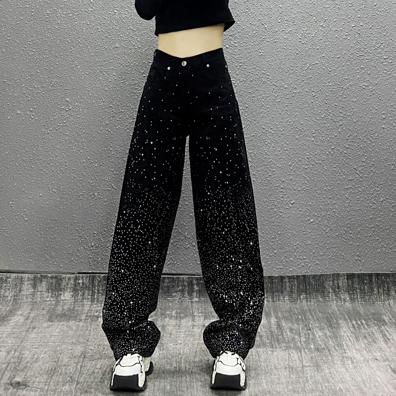 炫酷烫钻黑色休闲牛仔裤女秋新款高腰宽松显瘦百搭直筒阔腿拖地裤