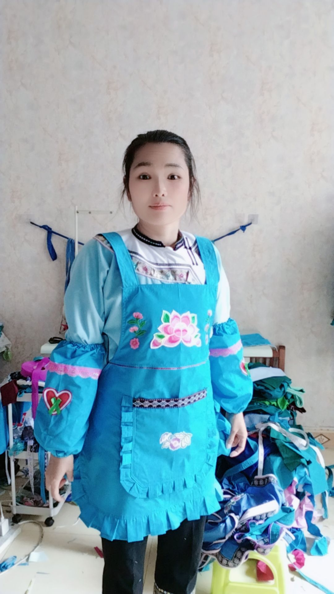 漂亮背带款围裙厨房女款围腰印花花边围兜罩衣=袖套长袖时尚可爱