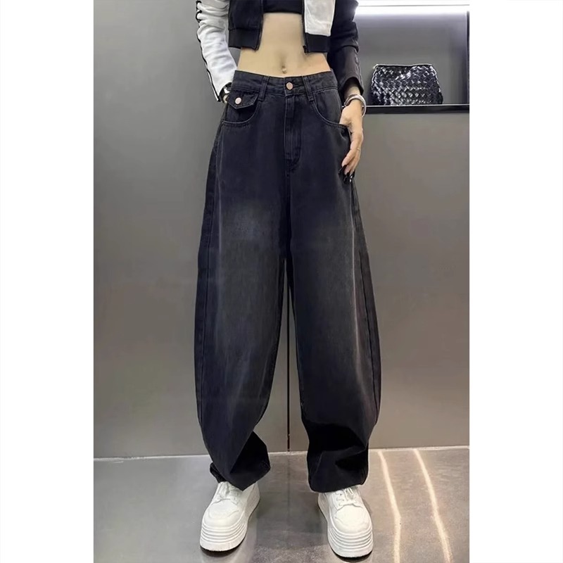 阔腿弯刀牛仔裤女秋2024新款大码高腰显瘦直筒拖地长裤宽松香蕉裤