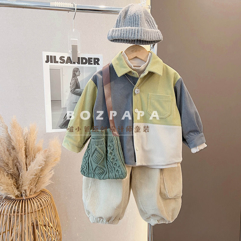 男童春秋套装2024新款秋季韩版儿童拼接衬衫炸裂中小童洋气两件套