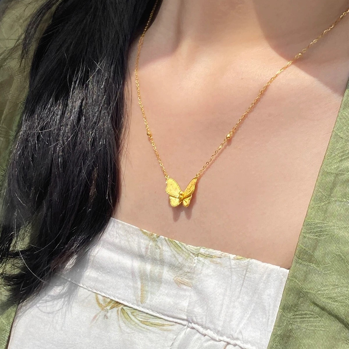 JIN BAI ZHENG 钛钢项链 新款爆闪花丝蝴蝶项链女超仙百搭不掉色