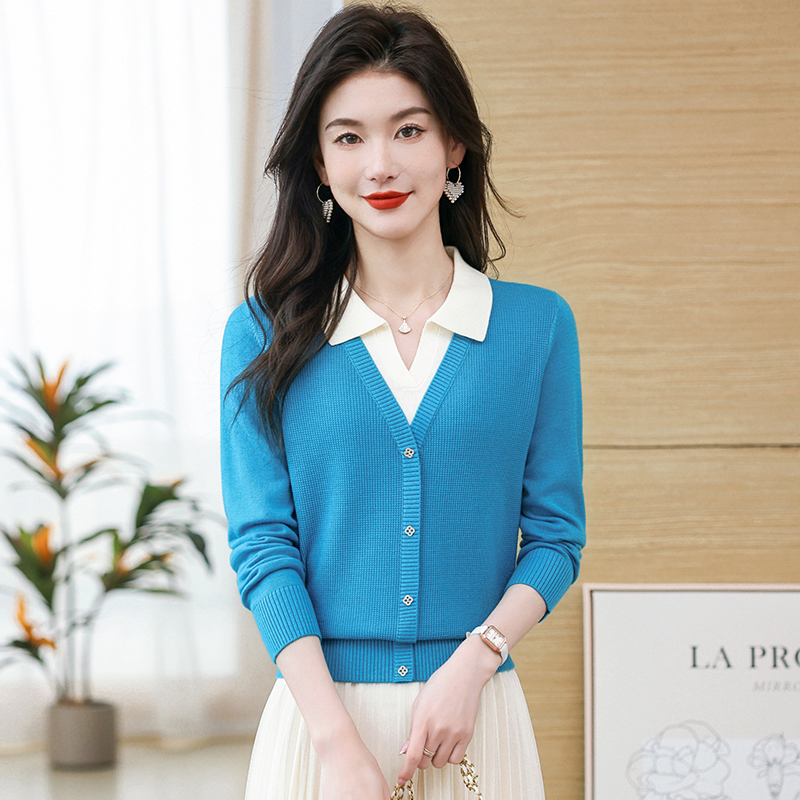 秋季新款小方领针织衫长袖翻领假两件洋气百搭小衫显瘦宽松女上衣