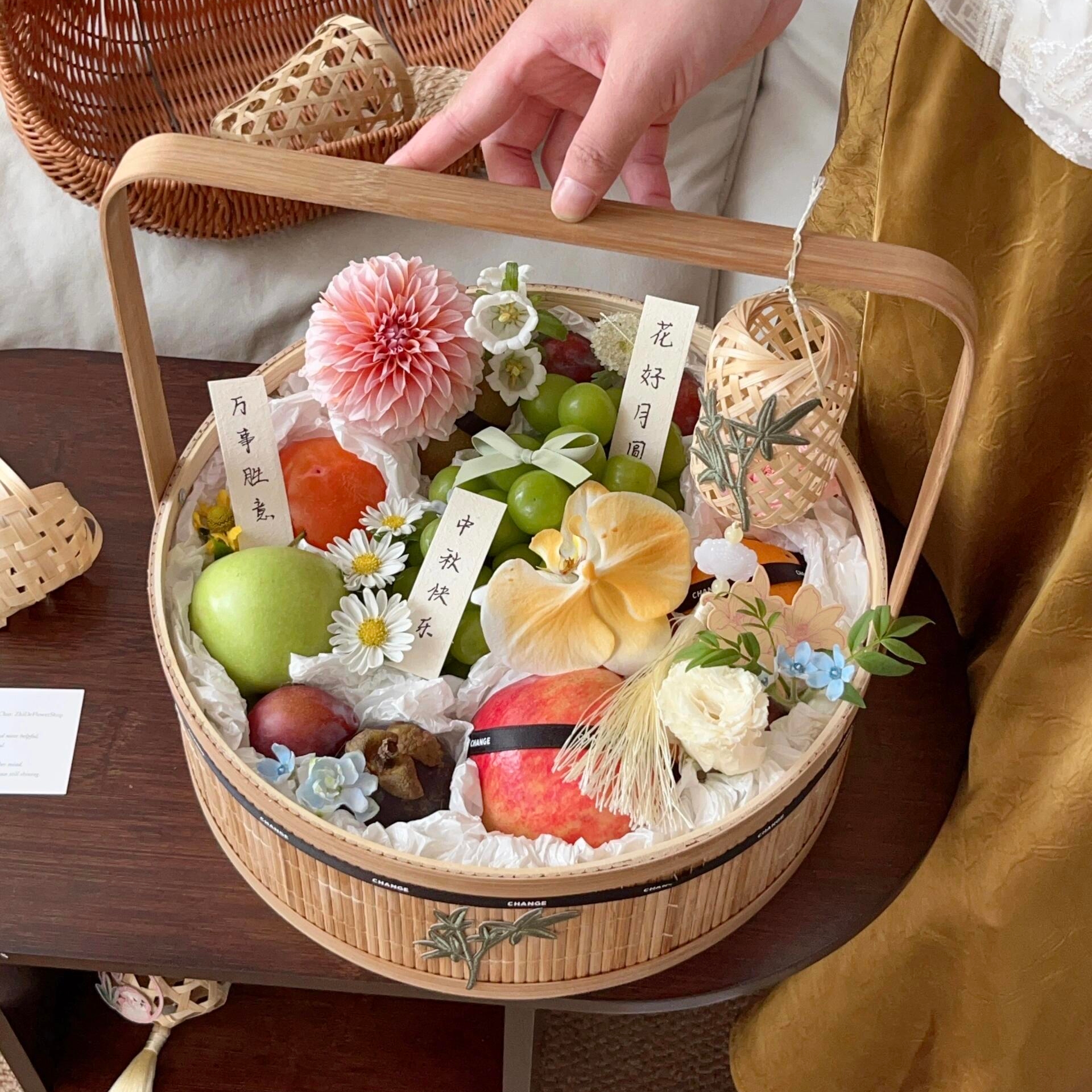 （刘咔咔）中秋花篮月饼礼盒竹编手提篮中秋节糕点竹篮子插花鲜花