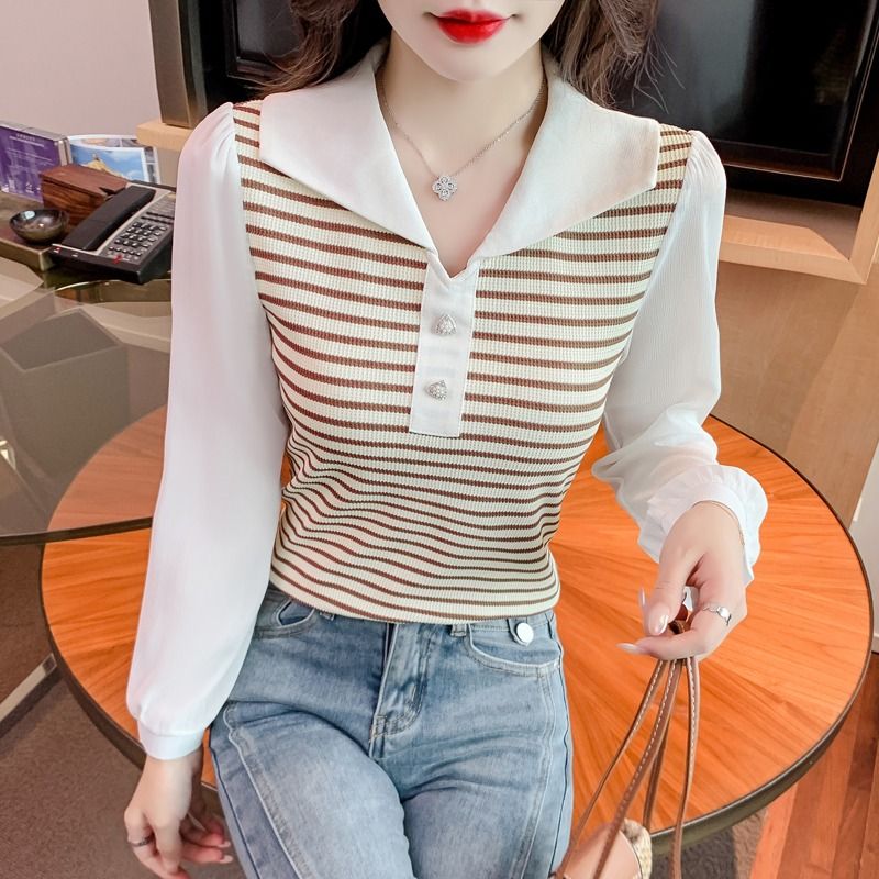 假两件打底衫春季2025新款女装时髦时尚洋气条纹显瘦百搭长袖上衣