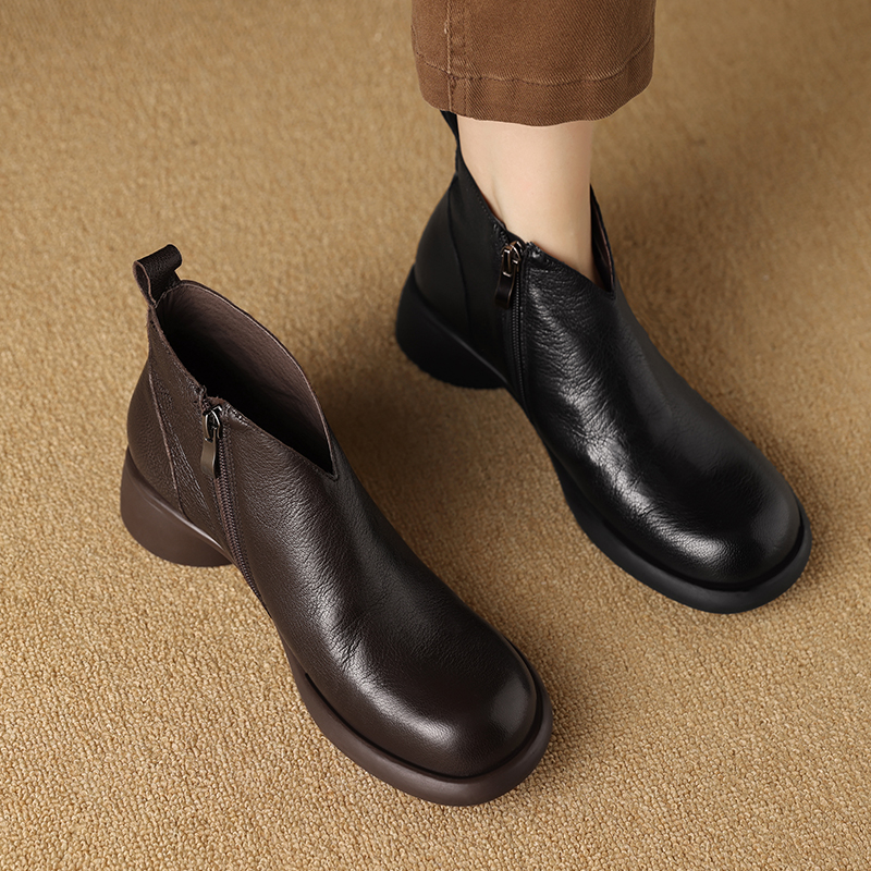 3.5cm大码41百搭真皮复古粗跟加绒舒适英伦风圆头中跟羊皮短靴女