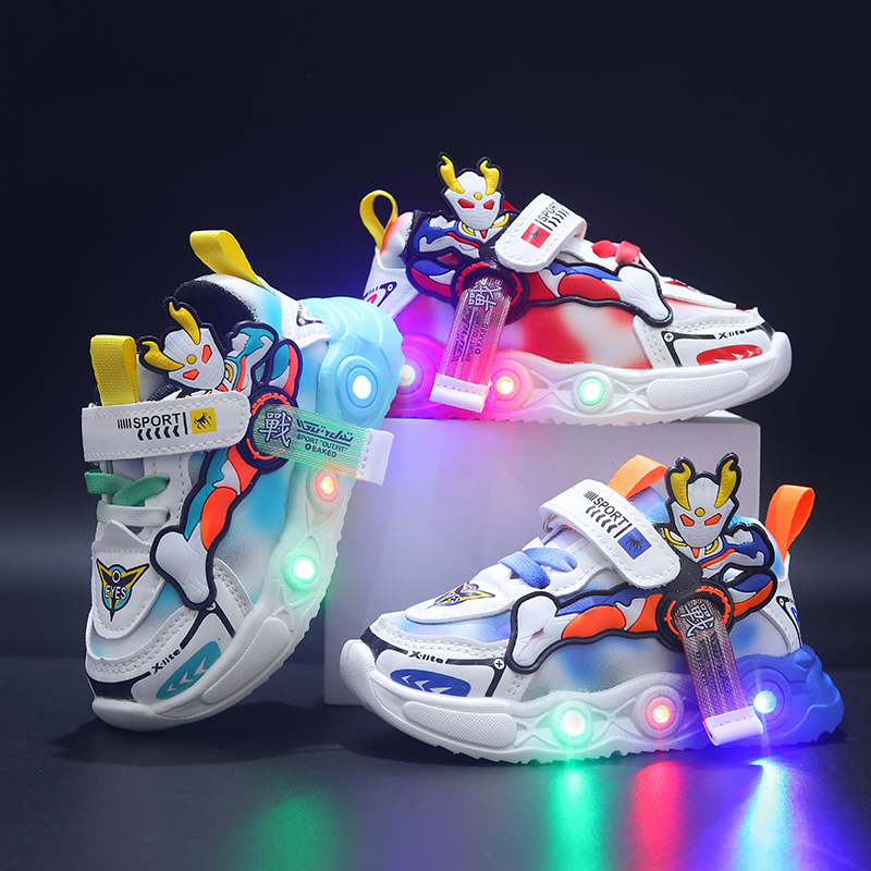 带灯鞋子春秋款皮面双网加绒儿童运动鞋中小童男女童休闲鞋