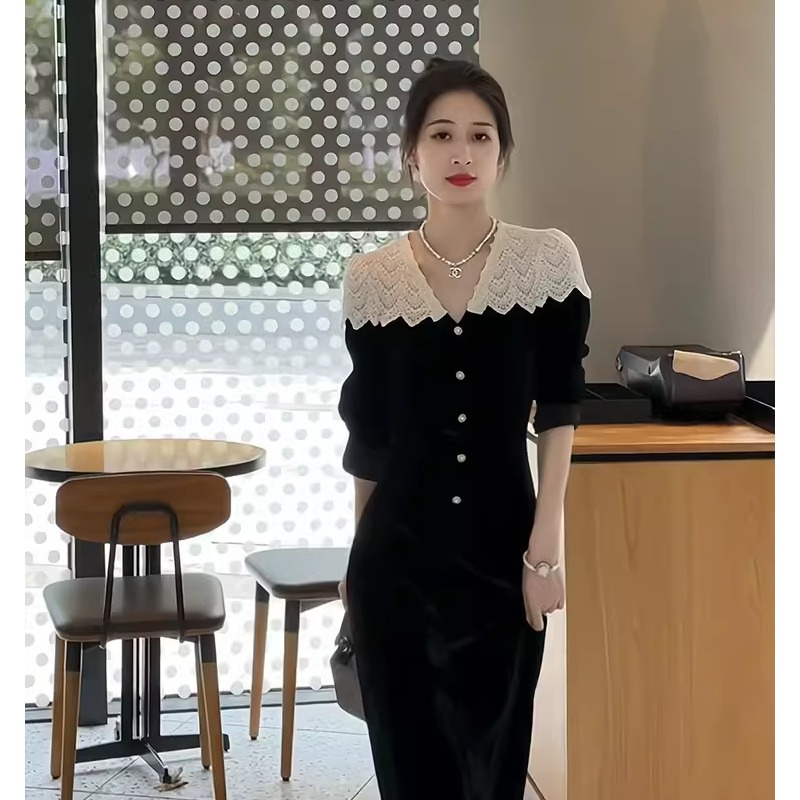 欧洲站秋装女2024年新款女法式赫本风气质长裙黑色大码长袖连衣裙