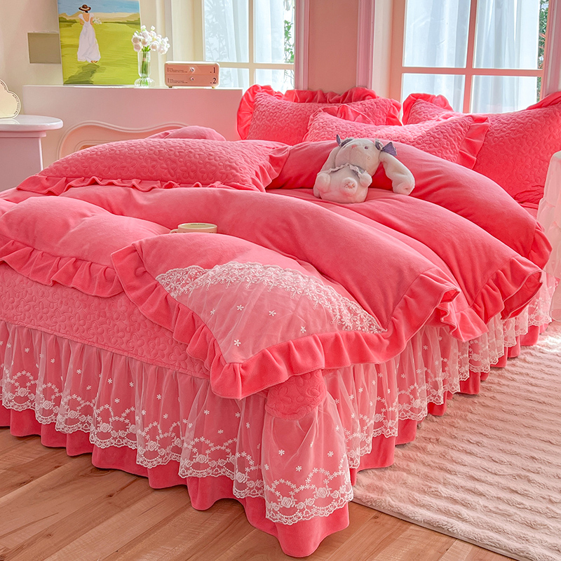 冬季夹棉加厚牛奶绒床盖四件套公主风花边双面绒被套珊瑚绒罩