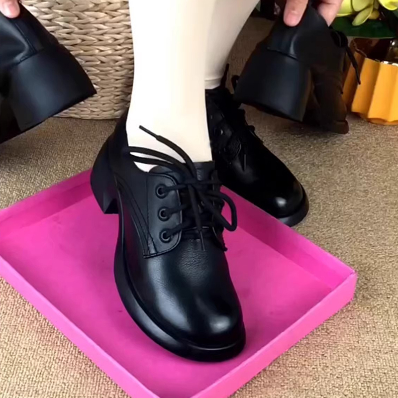 真皮女鞋春秋季新款牛皮圆头粗跟低跟单鞋系带休闲百搭英伦乐福鞋