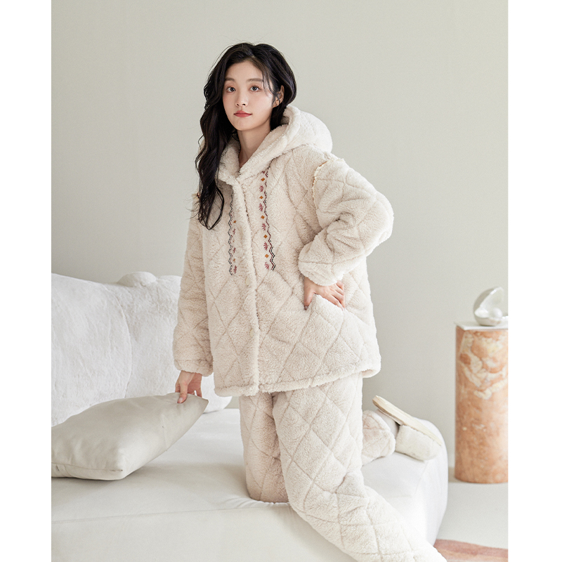 轩之婷【防静电】夹棉睡衣女冬季珊瑚绒三层加厚连帽可外穿家居服