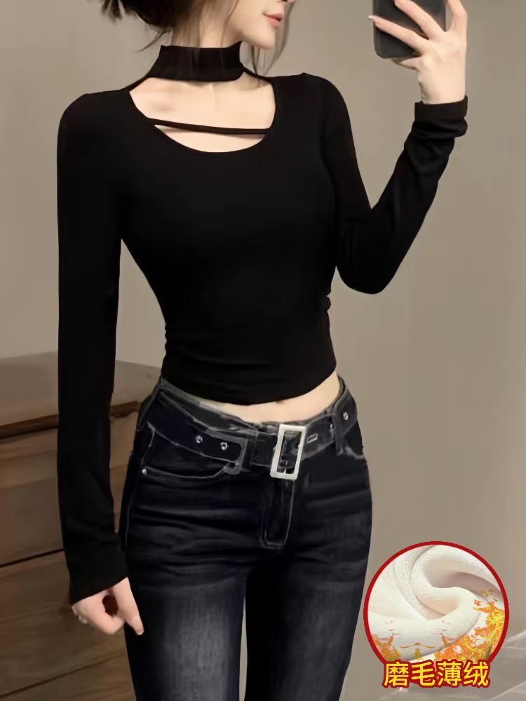 辣妹黑色挂脖长袖打底衫女秋冬薄绒内搭爆款修身长袖正肩T恤上衣